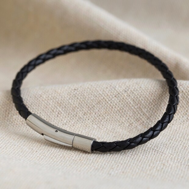 Men's Slim Black Woven Leather Bracelet | Lisa Angel