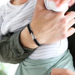 Personalised Men's Woven Black Cord and Stainless Steel Bead Bracelet