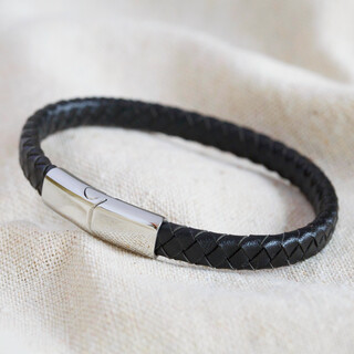 Men's Black Woven Leather Bracelet with Shiny Clasp