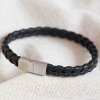 Men's Black Woven Strap Leather Bracelet