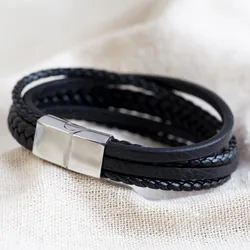 Men's Layered Leather Straps Bracelet in Black