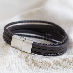Men's Layered Leather Straps Bracelet in Brown