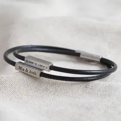 Men's Personalised Leather Cord and Bar Bracelet in Black