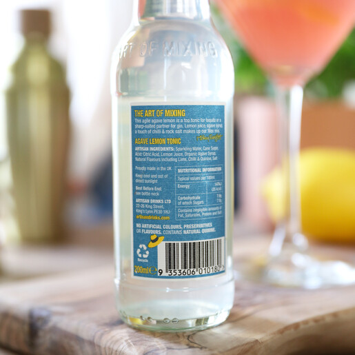 ingredients list of artisan drinks co agave lemon tonic with cocktail shaker and glass in background