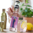person holding a bottle of artisan drinks co violet blossom tonic with shaker, plant and glass in background
