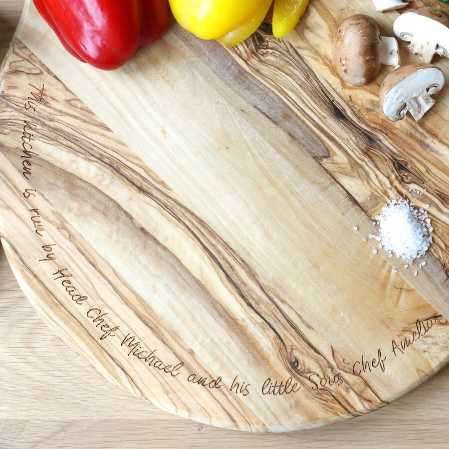 Personalised Round Olive Wood Pizza Board Lisa Angel
