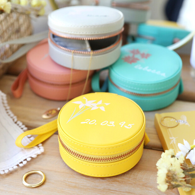 Personalised Colourful Birth Flower Round Travel Jewellery Case Personalised Colourful Birth Flower Round Travel Jewellery Case