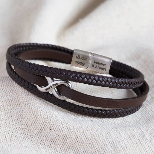 Men's Personalised Brown Leather Stainless Steel Infinity Bracelet