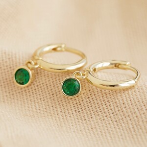 Gold May Birthstone Emerald Huggies