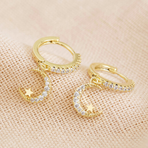 Lisa Angel Crystal Moon Huggie Hoop Earrings in Gold 