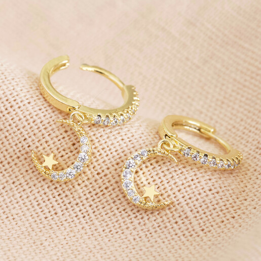 Crystal Moon Huggie Hoop Earrings in Gold | Lisa Angel