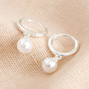 Glass Pearl Huggie Hoop Earrings in Silver