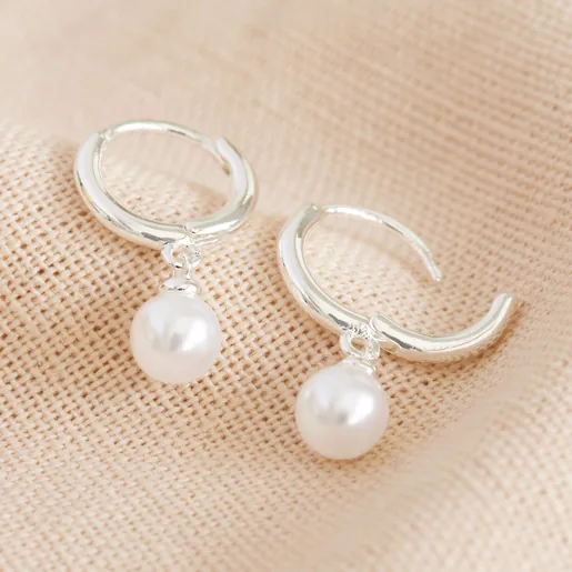 Glass Pearl Huggie Hoop Earrings in Silver from Lisa Angel