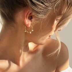 Gold Sterling Silver and Pearl Dotted Hoop Earrings