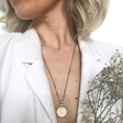 Gold Framed Sixpence Pendant Necklace on Model