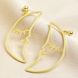Sleeping Crescent Moon Face Drop Earrings in Gold