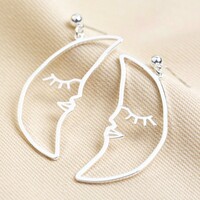 Sleeping Crescent Moon Face Drop Earrings in Silver