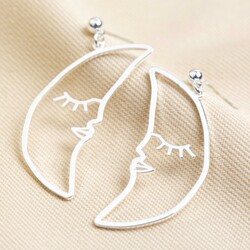 Sleeping Crescent Moon Face Drop Earrings in Silver