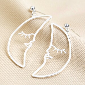 Sleeping Crescent Moon Face Drop Earrings in Silver