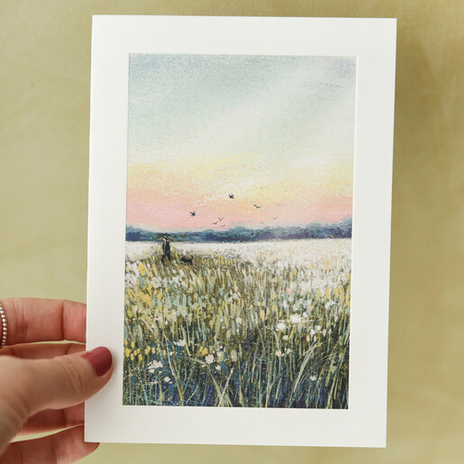 Model Holding Dog Walking At Dusk Greeting Card