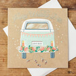 Happy Wedding Day Campervan Card on wooden table