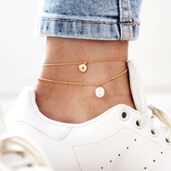 Personalised Set of 2 Freshwater Pearl and Disc Anklets in Gold