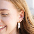 Baby Blue Crystal Enamel Ear Cuff in Gold Worn by Model With Pearl Earrings