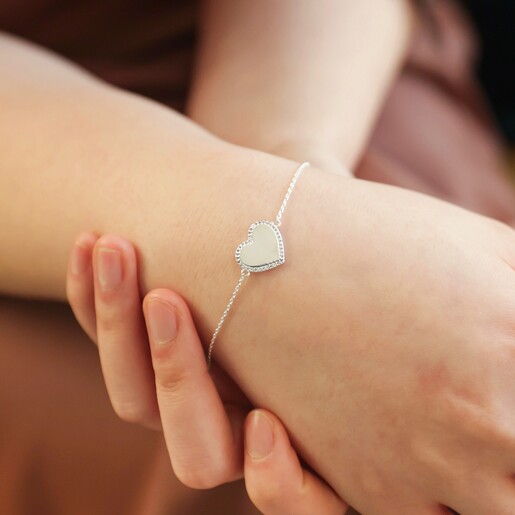 Model Wearing Diamante Crystal Heart Bracelet in Silver