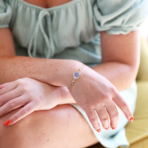 Delicate Real Pressed Forget Me Not Flower Bangle in Gold on Model