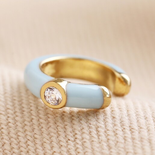 Baby Blue Crystal Enamel Ear Cuff in Gold on Beige Fabric