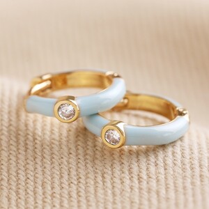 Baby Blue Enamel Crystal Huggie Hoop Earrings in Gold