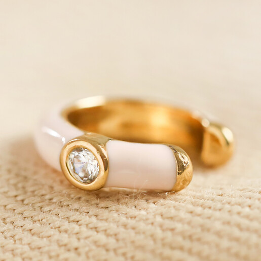 Baby Pink Crystal Enamel Earcuff in Gold on fabric
