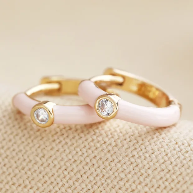 Blush Pink Enamel Crystal Huggie Hoop Earrings in Gold Blush Pink Enamel Crystal Huggie Hoop Earrings in Gold