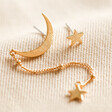 Gold Mismatched Moon and Star Chain Stud Earrings