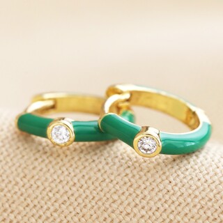 Green Enamel Crystal Huggie Hoop Earrings in Gold