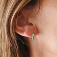 Green Enamel Crystal Huggie Hoop Earrings in Gold on Model