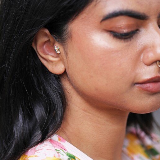 Rainbow Crystal Cluster Barbell Earring in Gold in Tragus Piercing on Model