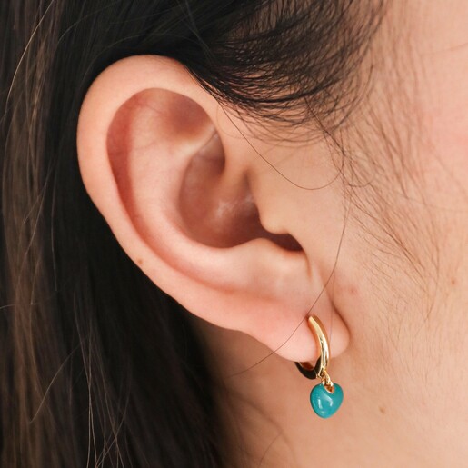 Model Wearing Mini Teal Enamel Heart Charm Huggie Hoop Earrings