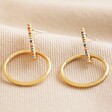Rainbow Crystal Bar and Ring Drop Earrings in Gold on Beige Fabric
