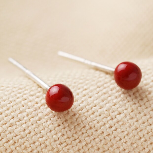 Red Ball Stud Earrings in Gold