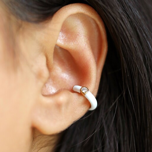 Model Wearing White Crystal Enamel Ear Cuff in Gold