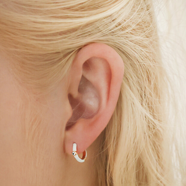 White Enamel Crystal Huggie Hoop Earrings Gold Lisa Angel