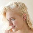White Enamel Crystal Huggie Hoop Earrings in Gold on Model