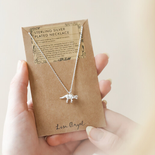 Silver Triceratops Charm Necklace on packaging