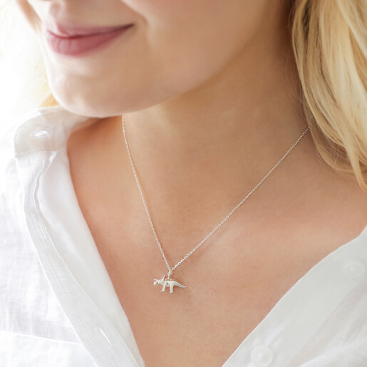Silver Triceratops Charm Necklace on model