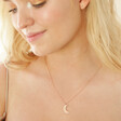 Model Wearing Cancer Constellation Moon Necklace in Rose Gold