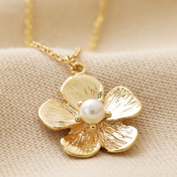 Large Flower Pendant Necklace with Pearl in Gold