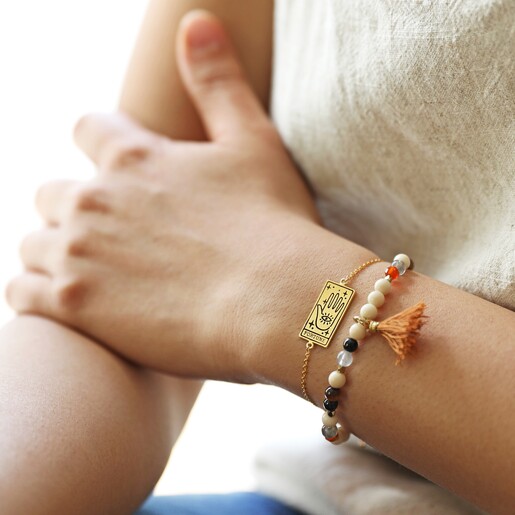 Model wearing the Layered Gold Fortune Tarot Card Bracelet