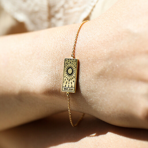 Model Wearing Gold The Sun Tarot Card Bracelet