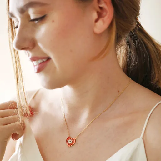 Red Evil Eye Heart Pendant Necklace in Gold on Model
